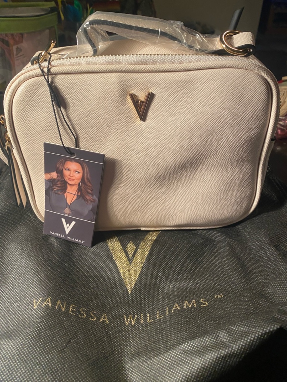 Vanessa Williams Cream Crossbody Bag with Gold Accents